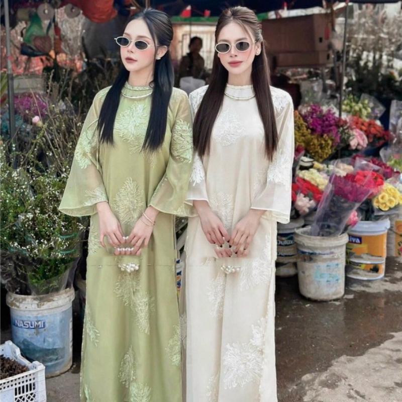 Áo dài cách tân dáng suông tơ đũi thêu hoa quỳnh đính ngọc cao cấp Nữ Women
