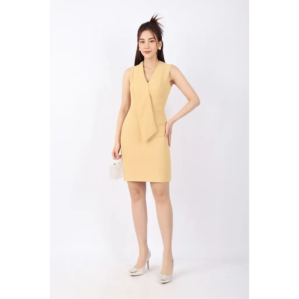 FDP33160 - Đầm dạo phố vải tuytsi dáng ôm cổ V vạt lệch dài khóa thân sau - PANTIO Nữ Women
