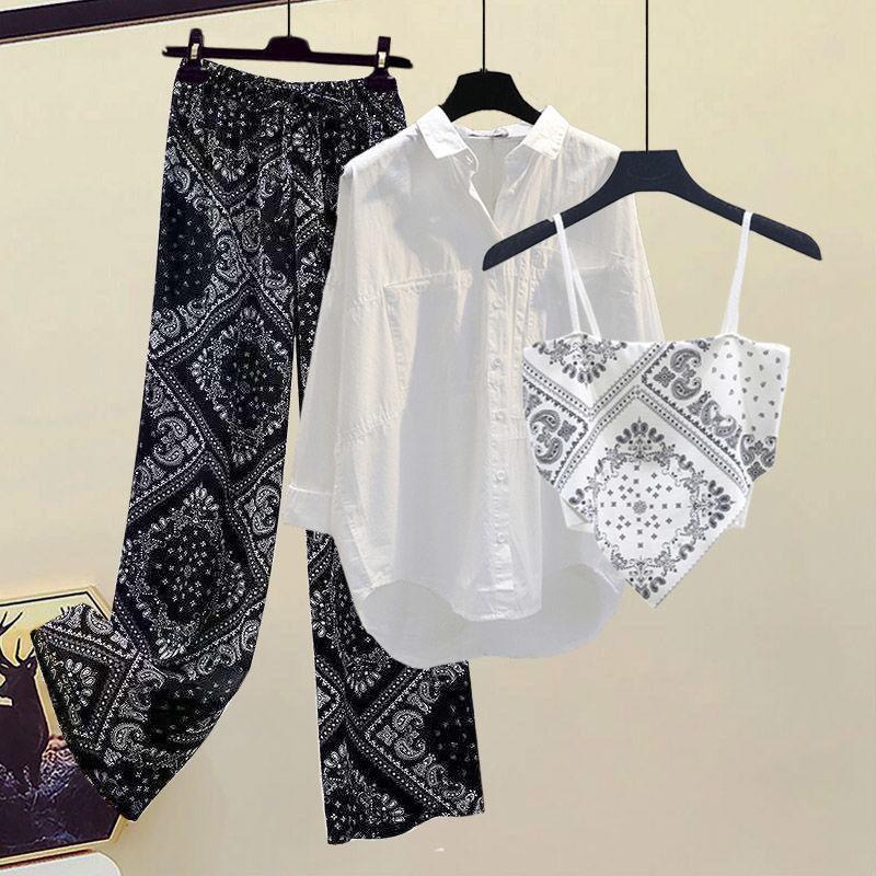 Product Introduction of Hi Mia's Shop | plus Size Women's Clothing Summer Suit Women 2024 New Western Style Youthful-Looking Slim Shirt Small Sling Wide Leg Pants Three-Piece Set 18