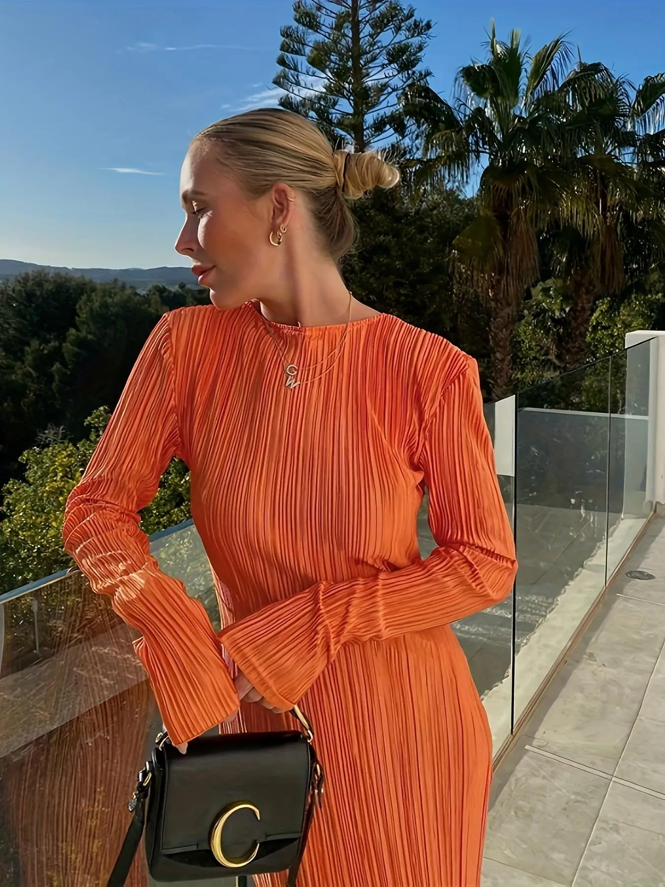 Women's Plain Textured Lettuce Trim Long Sleeve Dress, Elegant Round Neck Long Dress for Summer Vacation Holiday Party, Dresses Summer, Ladies Summer Clothes