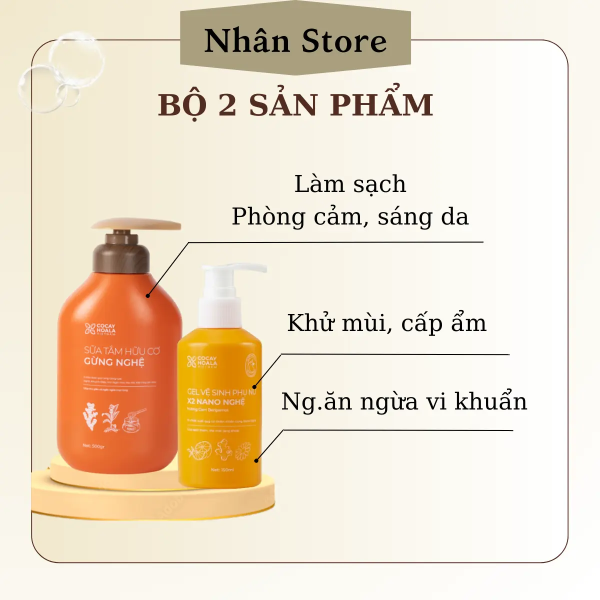 Combo Sữa Tắm Thảo Dược Gừng Nghệ COCAYHOALA VIETNAM 500g & Dung dịch vệ sinh phụ nữ Gel X2 Nano Nghệ 150ml