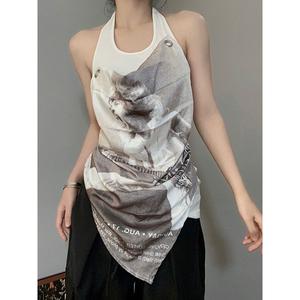 เสื้อกั๊กเชือกแขวนคอแขนกุดสองชิ้นปลอม, สไตล์อเมริกันสุดฮอต, เสื้อฤดูร้อนกระชับสัดส่วนความยาวปานกลาง, แฟชั่น Ins ของผู้หญิง, y2k-2024