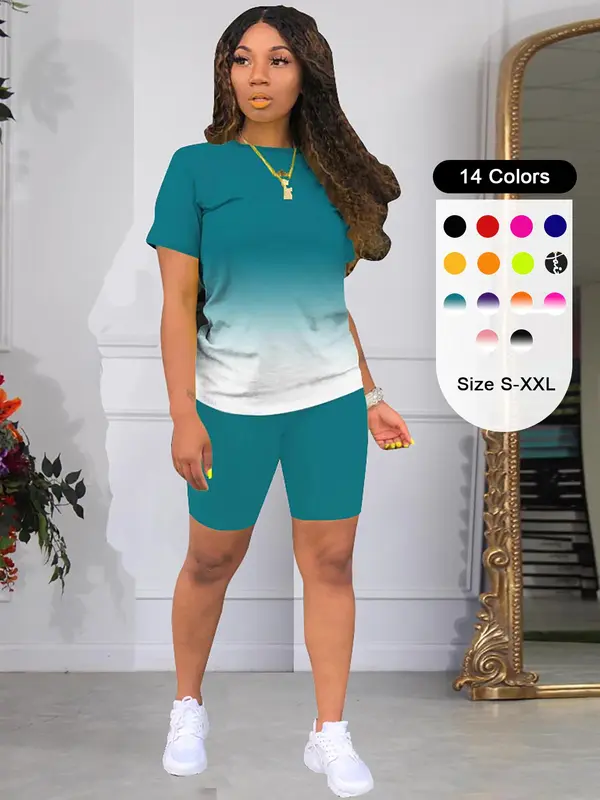 Two-piece Set Women's Ombre Print Skinny Shorts Set, Crew Neck Short Sleeve T-shirt & Track Shorts, Casual Summer Clothes Gym Sets for Women, Tracksuit Outfits To Hide Tummy Uk, Tracksuit Set Holiday 0