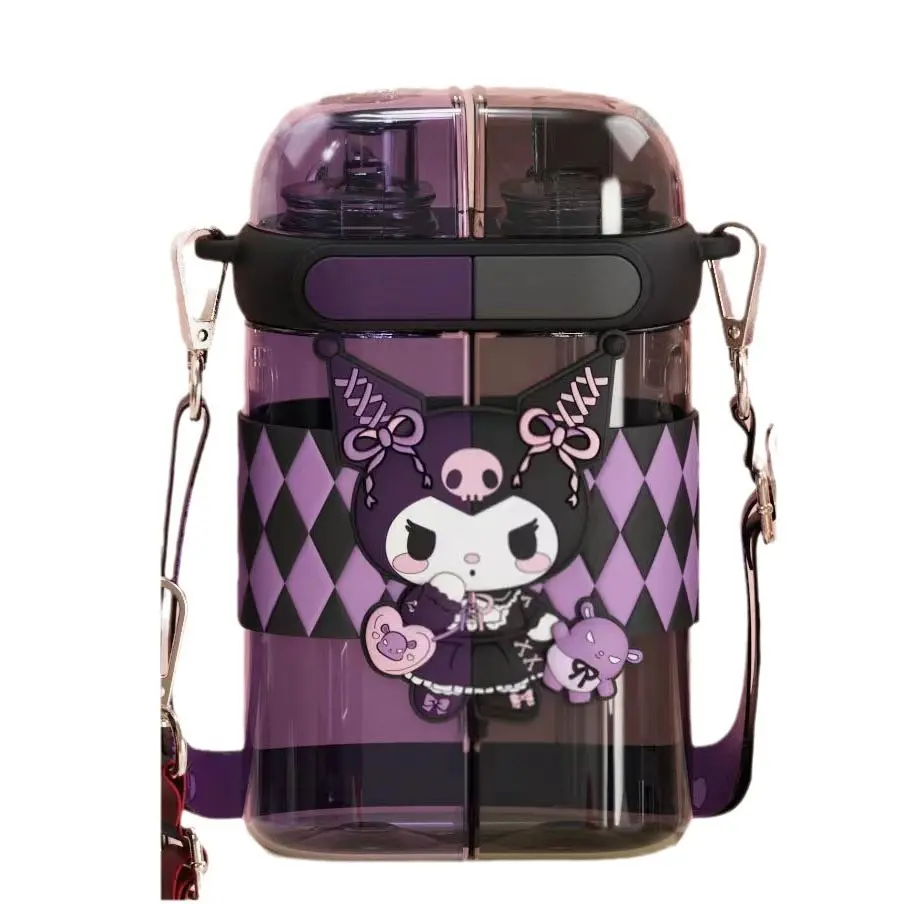 Sanrio Kuromi Tritan plastic water bottle kids tumbler with straw portable double drinking water Cup leak-proof Drinkware Mug Reusable Bottled Washable