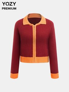 YOZY Women's Colorblock Raglan Sleeve Zip Up Crop Shirt, Casual Long Sleeve Collared Knitwear for Fall & Winter, Fashion Ladies' Knit Clothing for Daily Wear