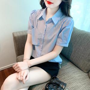 เสื้อเชิ้ต กระเป๋าข้าง ปกเสื้อ กระดุมด้านหน้า แขนสั้น ลายทางเล็ก ผ้าฝ้ายคุณภาพสูง งานฝีมือประณีต สวมใส่สบาย