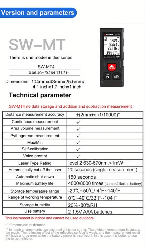 Product Introduction of 40M/131ft SNDWAY Pro Laser Distance Meter - High-Accuracy Digital Measure Tool with Large Backlit Display, Self-Calibration, and Battery Powered Operation - Portable Handle Electronic Ruler for Easy Measurements 12
