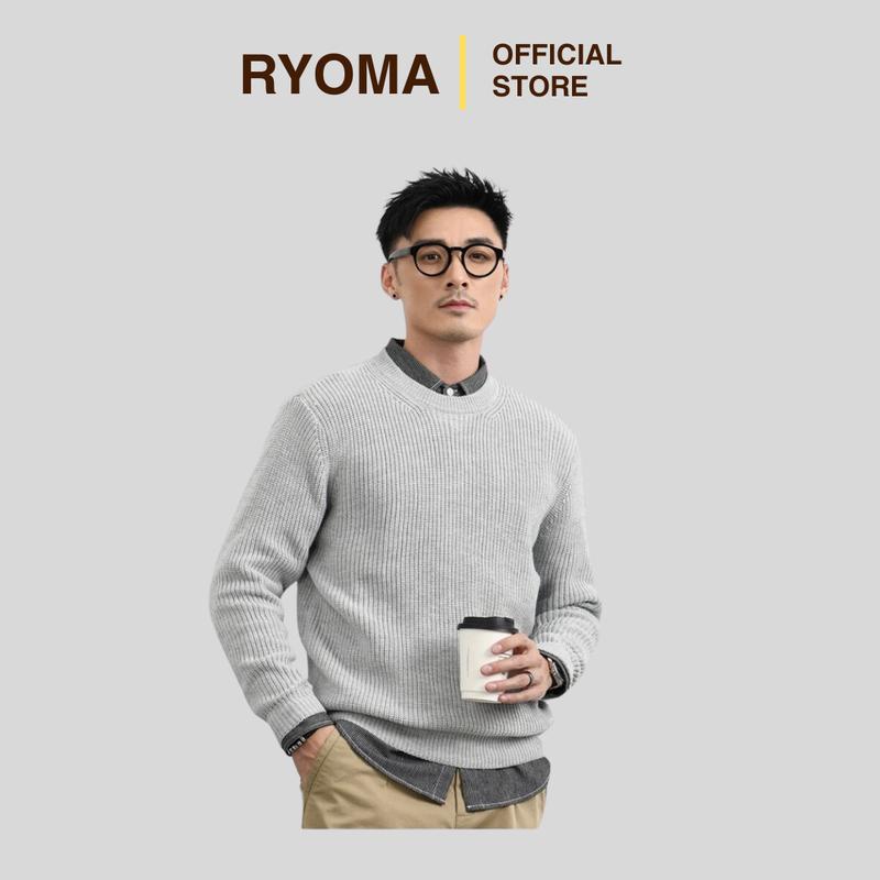 Áo len cổ tròn trơn RYOMA, chất len lông cừu, sợi hạt gạo, mềm mịn, không xù, đứng form, ấm áp NHA-01 Nam Menswear Đen