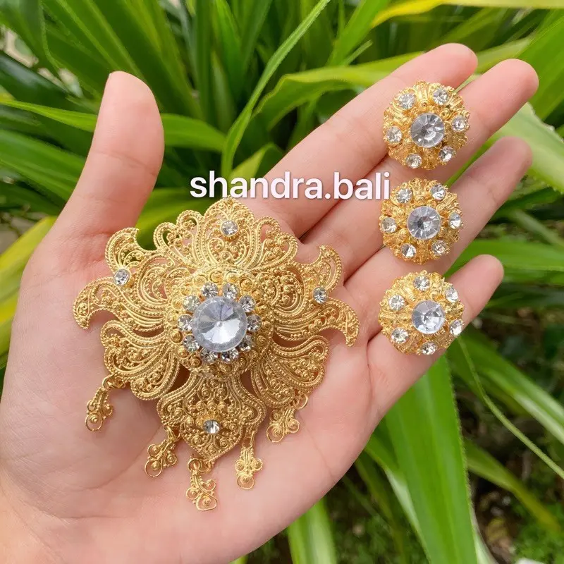 Set Bros Gada Permata Zircon Pin Aksesoris Perhiasan Baju Adat Kebaya Hijab Alpaka Anting + Cincin + Bros Jewellery