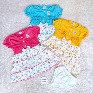 Dress Bayi Perempuan dan Celana Kancing Dada Usia 3-18 Bulan Motif Bunga Gaun Bayi Baju Rok Anak Katun Biru