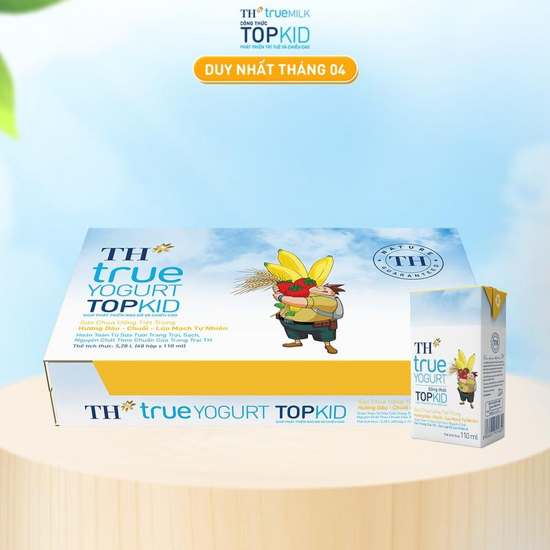 Thùng 48 hộp sữa chua uống tiệt trùng TH true YOGURT TOPKID hương dâu/ cam /dâu-chuối-lúa mạch tự nhiên 110 ml (110 ml x 48)