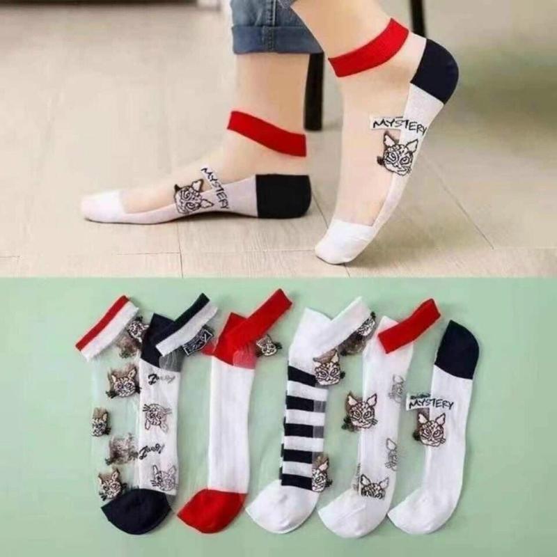Set 10 Đôi Tất Lưới Nữ Cổ Ngắn Hình Mèo và hoa cúc đỏ - Tất Hàn Quốc Cute .. Voan