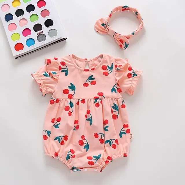 Sweetberry Baby🍒Baju Baby Girl Romper Headband 2pcs Set Baju Baby Girl Baby Cherry Romper Dress Baby Girl Clothing