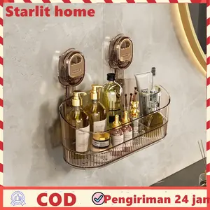 Rak Kamar Mandi Multifungsi yang Dipasang di Dinding gaya yang ringan dan mewah Plastik Organizer Kamar MandiRak Gantung Kamar Mandi Akrilik Aesthetic Bergaris