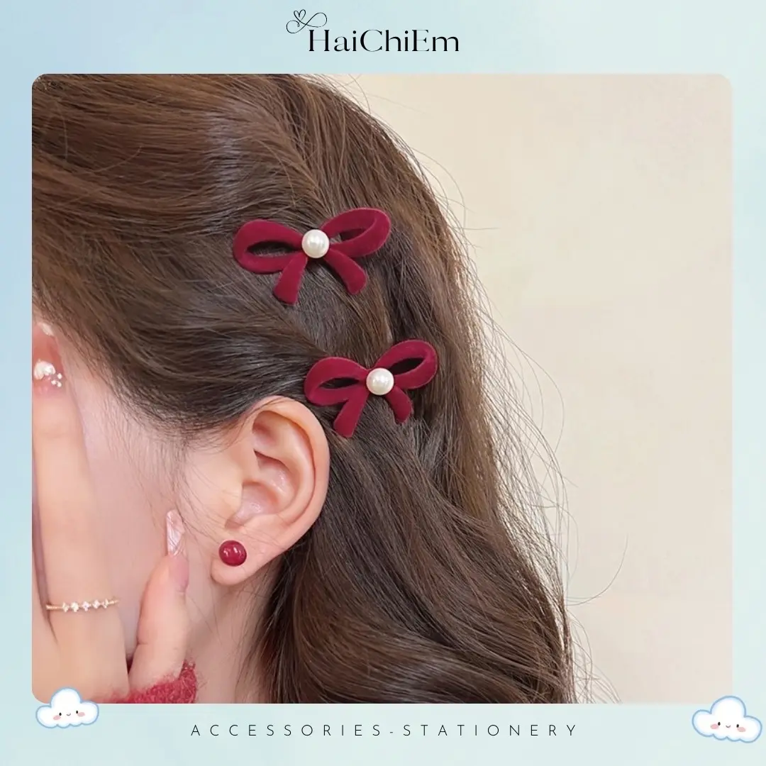 Kẹp tóc thắt nơ - Kẹp tóc đỏ nhung mini kiểu dáng thắt nơ xinh xắn - Phù hợp cho cả dịp Noel và Tết - Cửa hàng [HAICHIEM] Nữ Women Kẹp