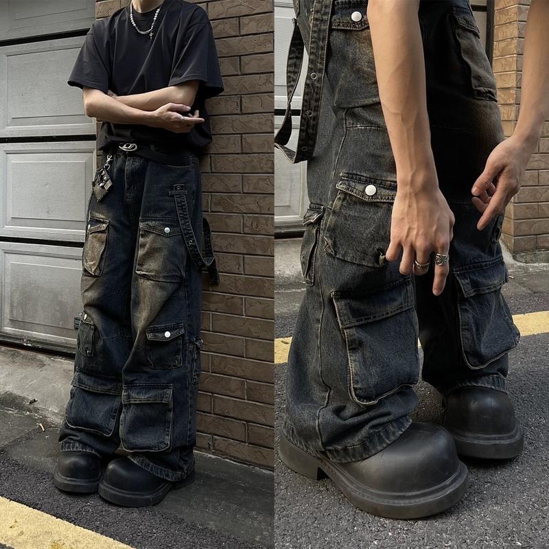 Product Introduction of JEANS STRAP BOX (8 Túi hộp phối đai) - Quần jeans ống rộng phủ gót chùm giày halo kaki Pants Kem Nữ Denim Ong 5