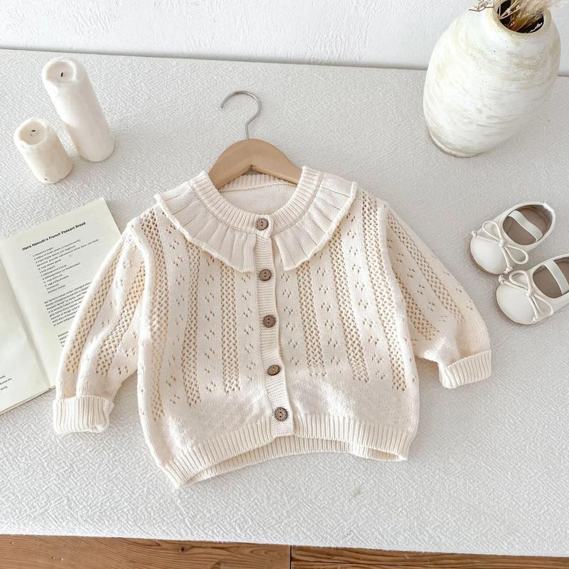 Product Introduction of Korean Baby Girl Autumn Hollow Out Sweater Cardigan Kids Fashion Cotton Ruffle Collar Knitted Jacket Spring Solid Outerwear Coat 27