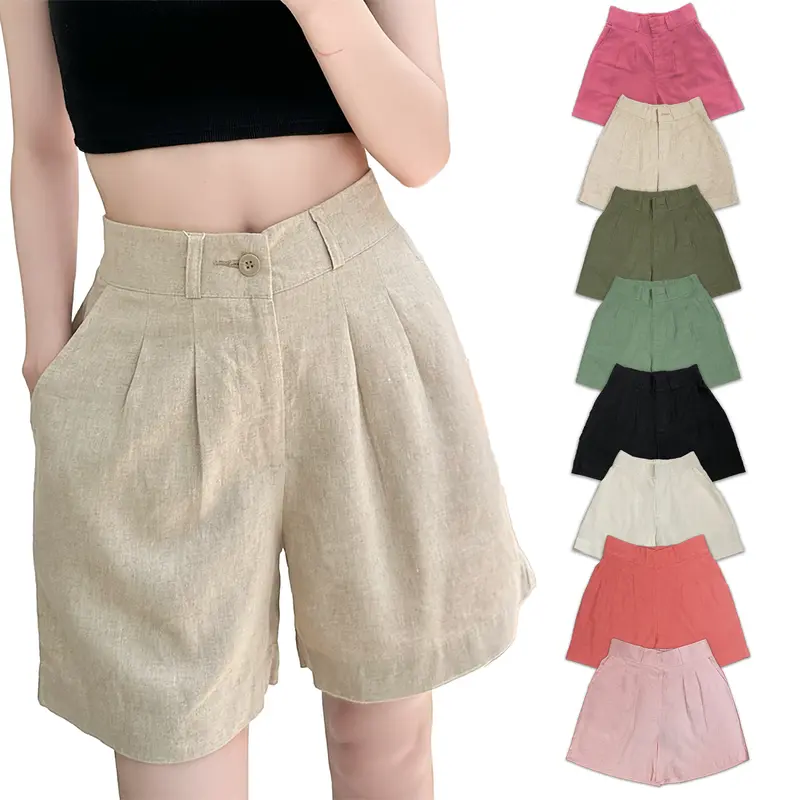 Quần Đùi Nữ Linen Lưng Thun Co Giãn Ống Rộng Cạp Cao Tôn Dáng Có Nhiều Màu Đủ Size Women Ong quần short 1
