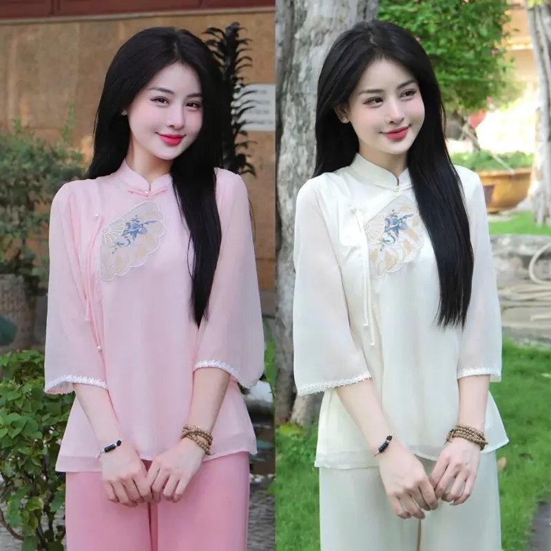 Sét Pháp phục Tơ Thêu Quạt Cổ Tàu,bộ lam đi chùa