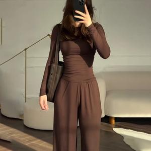 Pakaian Wanita, Ketibaan Baru pada tahun 2025, Leher Bulat, Slim Fit, Kasual dan Serba guna, Longgar, Seluar Kaki Lebar Elastik, Sut Fesyen