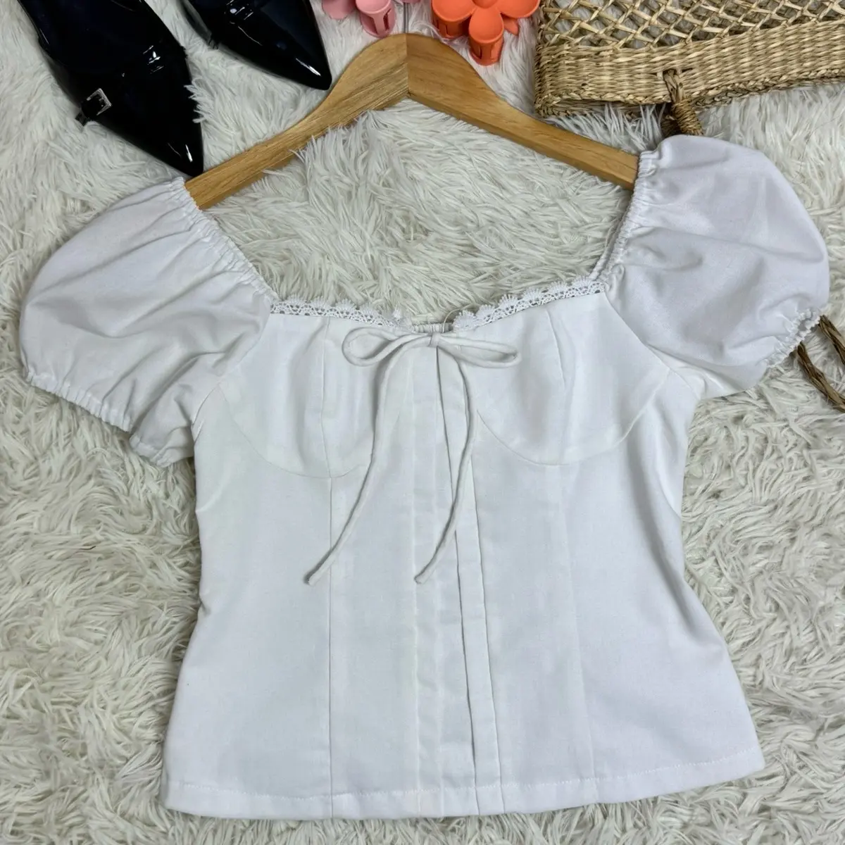 Áo Nữ Cổ Vuông Phối Ren Ngực Buộc Nơ Chất Vải Linen  Top Women