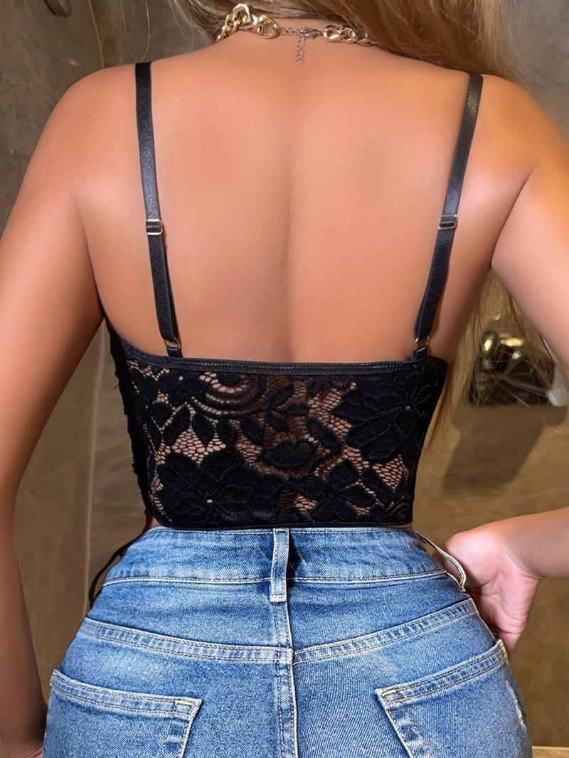 Product Introduction of Women's Backless Sheer Lace Crop Cami Top, Classy Elegant Adjustable Strap Deep V Neck Crop Top, Summer Clothes Women for Daily Vacation Party, Lace Cami 3
