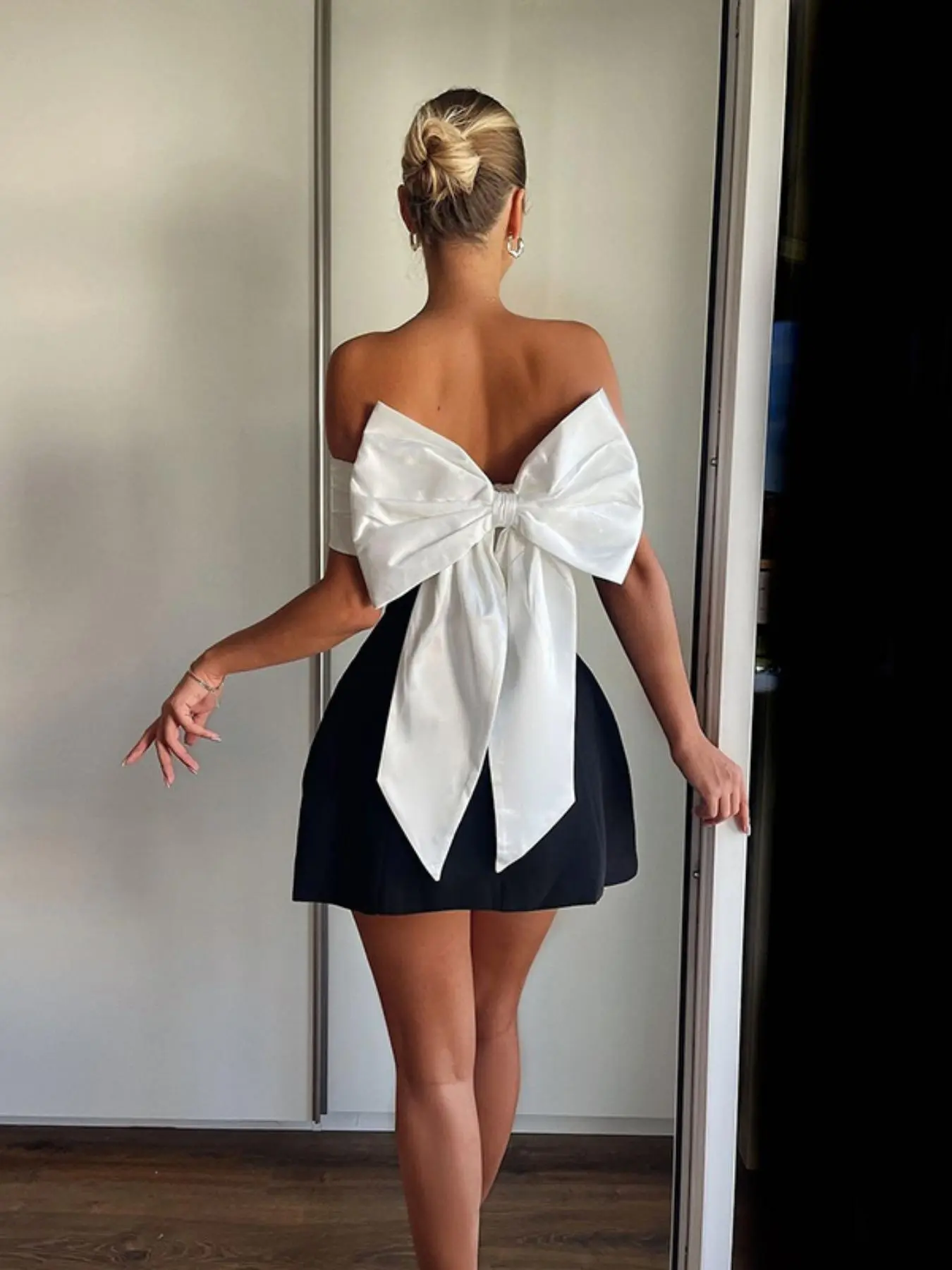 Women's Colorblock Off Shoulder Bow Decor Dress, Fashion Casual  Dress for Daily Outdoor Wear, Ladies Dress for Summer