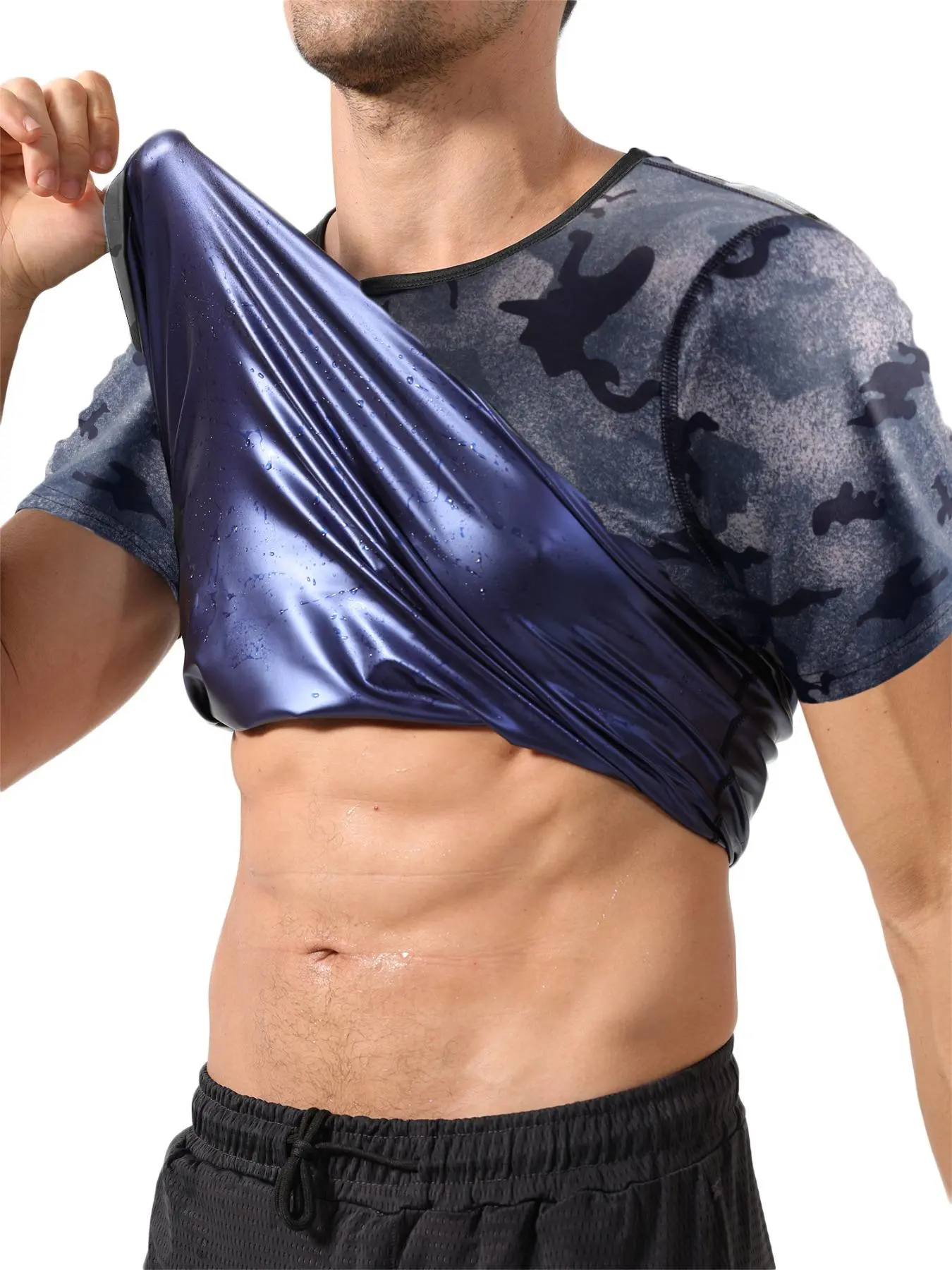 Men's Slim Camo Print Round Neck Sports Tee for Summer, Short Sleeve Sauna Sweat Top for Workout Gym Exercise, Menswear, Men Sport & Outdoor Clothing for 2024 Spring