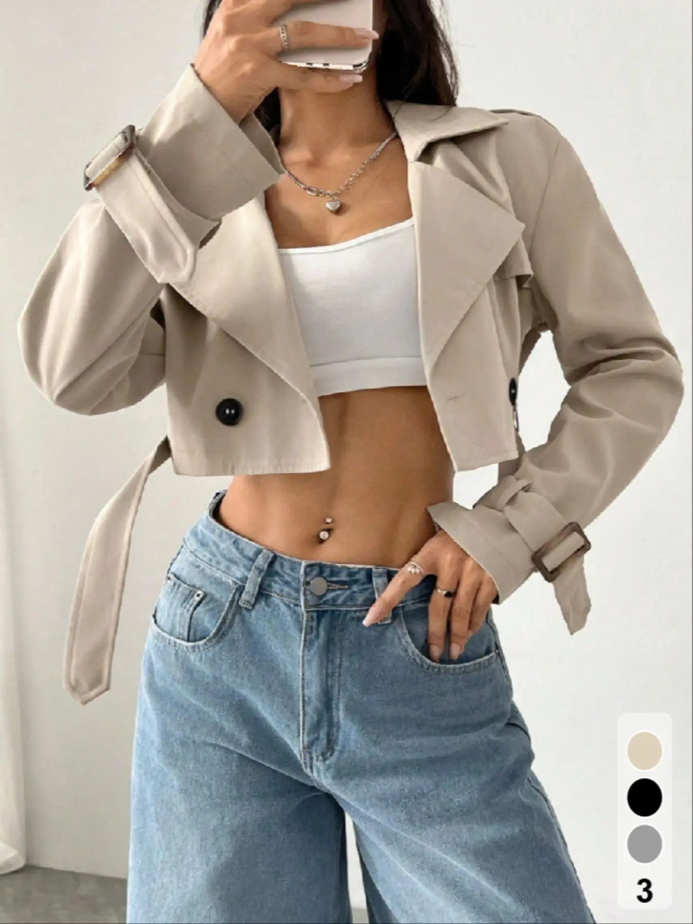 Women's Solid Color Button Crop Jacket, Casual Long Sleeve Lapel Neckline Outerwear for Spring & Fall, Ladies Clothes for Daily Wear, Trench Coat