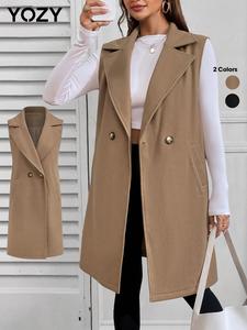 YOZY Women's Solid Double Button Pocket Lapel Wool Coat, Casual Sleeveless Outerwear for Fall & Winter, Women's Clothing for Daily Wear
