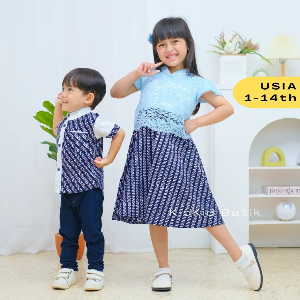 Baju Batik Anak Couple Kakak Adik Laki Perempuan Cowok Cewek Kemeja Dress Brokat Sarimbit Pesta Kombinasi Kekinian Katun Bagus 1-13 tahun Premium