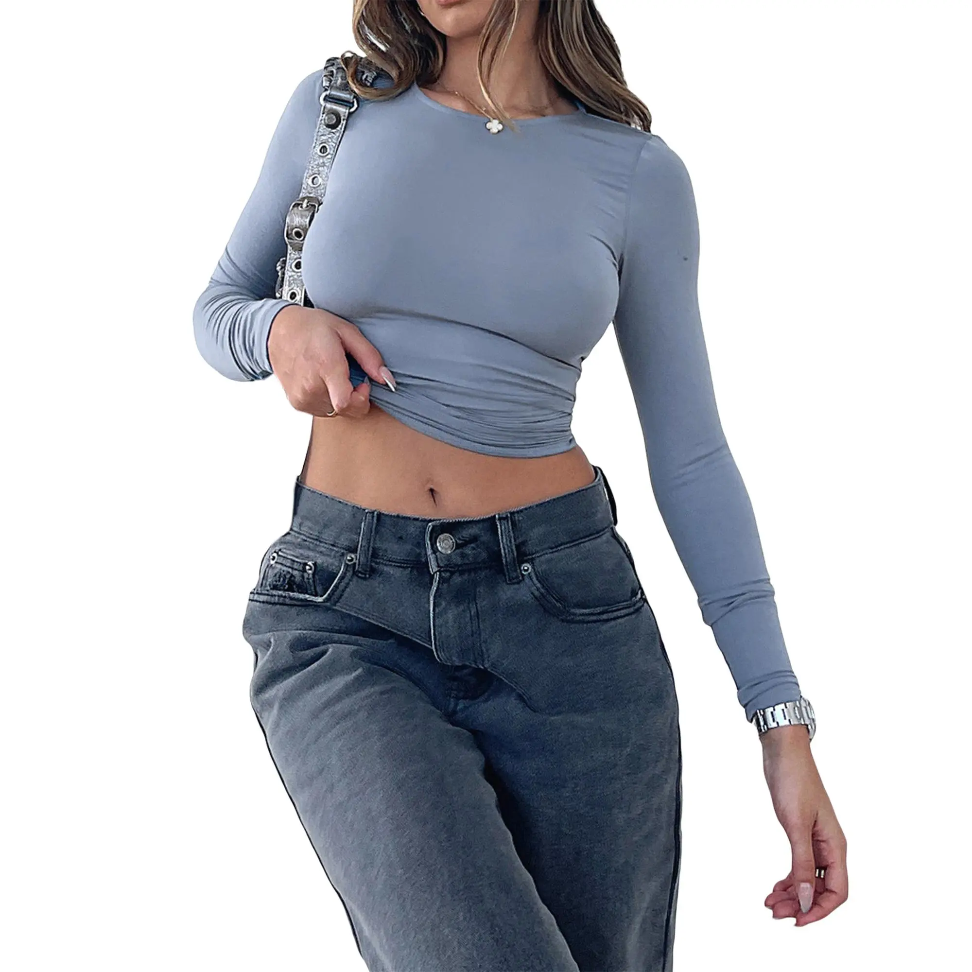 Women´s Autumn Slim Cropped Tops, Solid Color Round-Neck Long Sleeve Show Navel T-Shirt