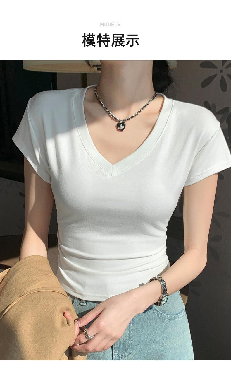 Product Introduction of Summer New Slim Fit V-Neck Short Sleeve T-Shirt for Women, Versatile Waist-Cinching Slimming High-End Top, Niche Style 16