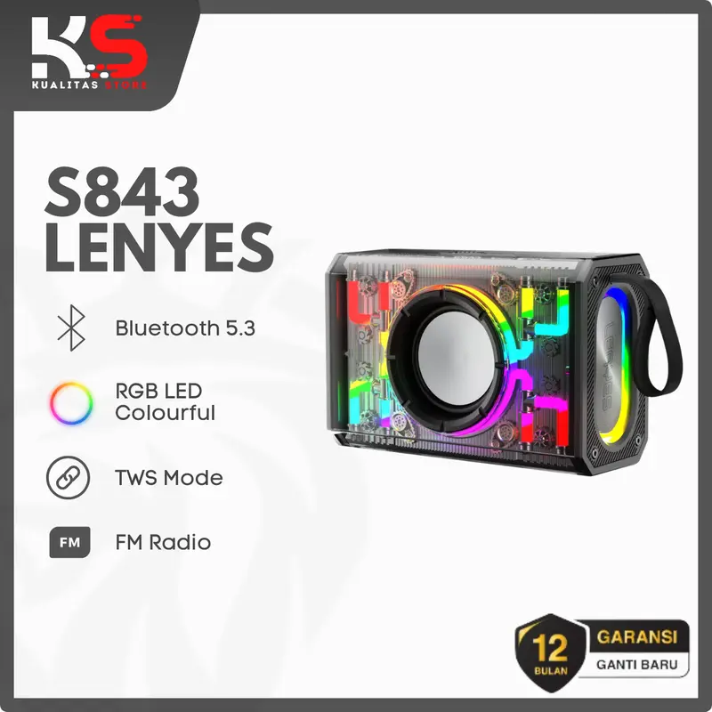 LENYES Speaker Wireless S843 20W RGB Transparan V5.3 HiFi Bass Sound Tws Support FM Radio 0