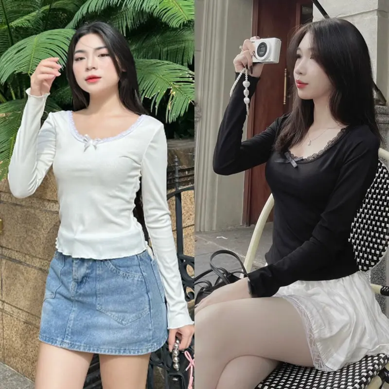 Áo tay dài dáng ôm phối ren nơ  Chất thun gân co giãn YUMI BÁN SỈ