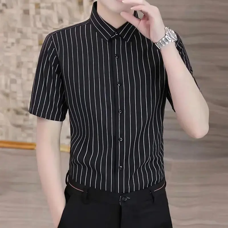 Áo sơ mi nam kẻ sọc tay ngắn lụa hàn họa tiết Thời Trang Menswear Có Cổ sominam  dep 2