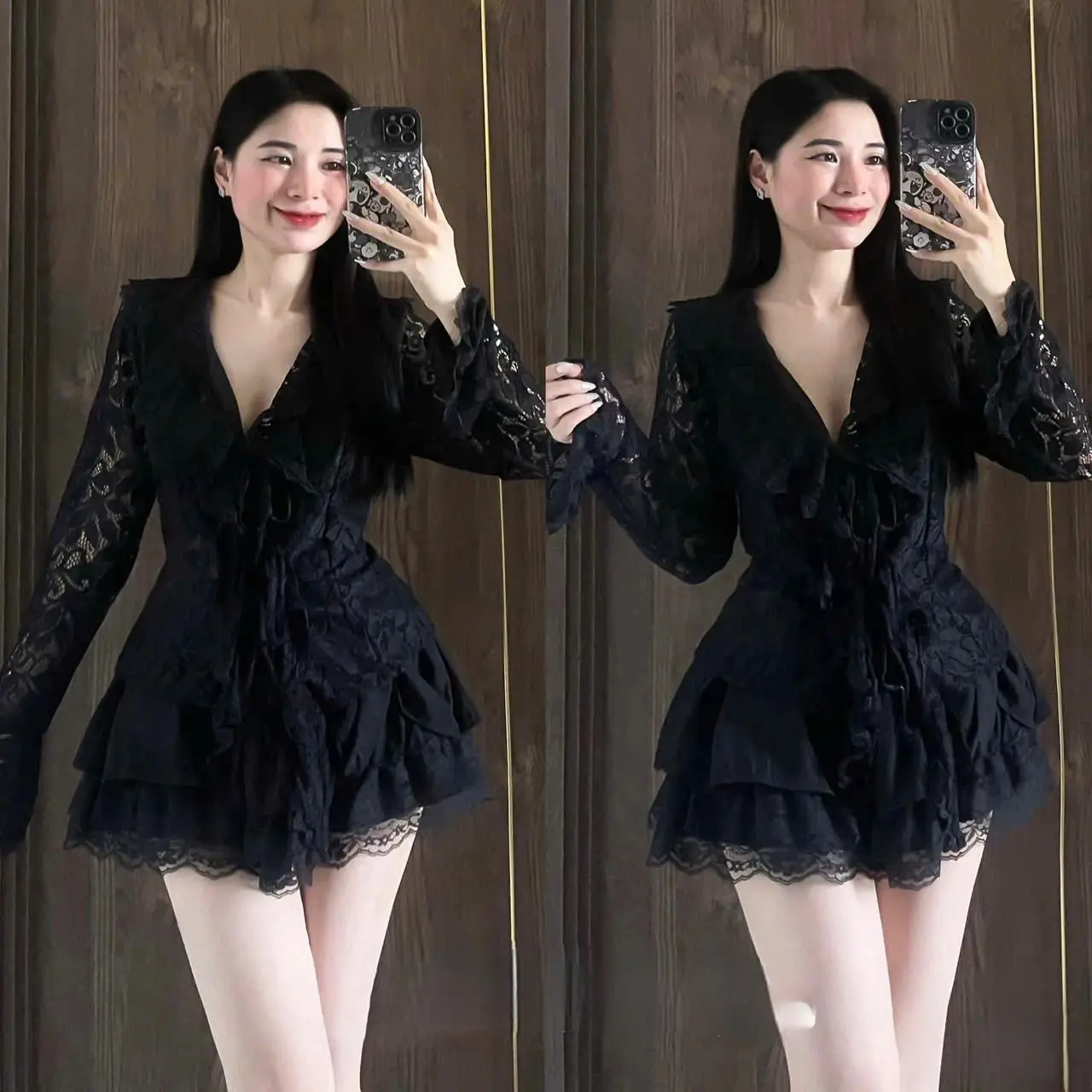 Sét váy thiết kế tiểu thư sang chảnh cách điẹu sét ren tay loe cột nơ cổ v phối chân váy tầng ngắn tùng xòe siêu tôn dáng tôn da