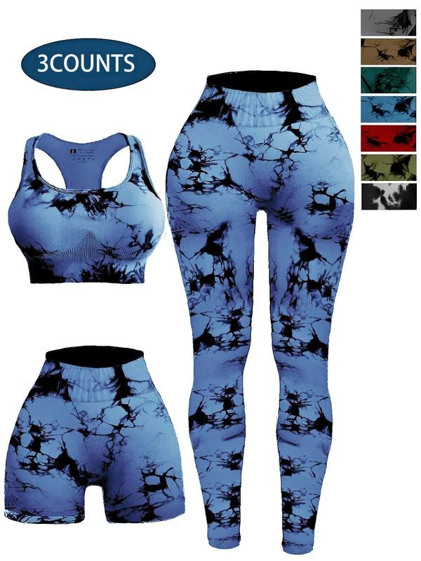 Women's 3pcs Tie Dye Print Ruched Sports Bra & High Waist Leggings & Skinny Shorts Tracksuit Set, Sleeveless Straps Top & High Stretch Seamless Yoga Pants & Shorts Fitness 5