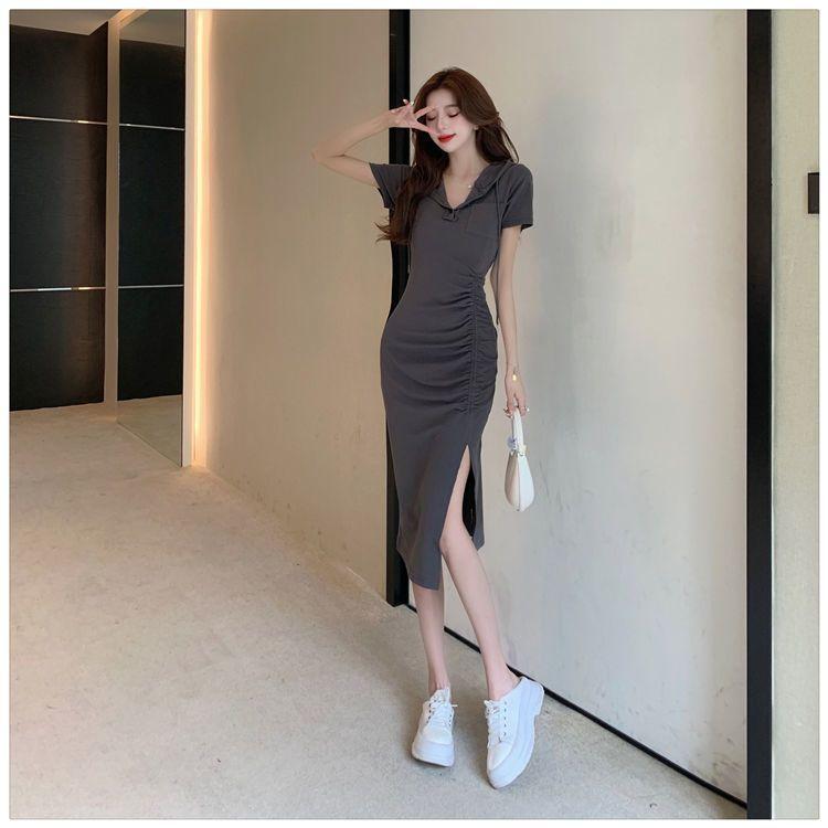 Product Introduction of Casual new style fashionable split mid length hooded skirt with women's summer temperament, waist cinched short sleeved drawstring dress 8