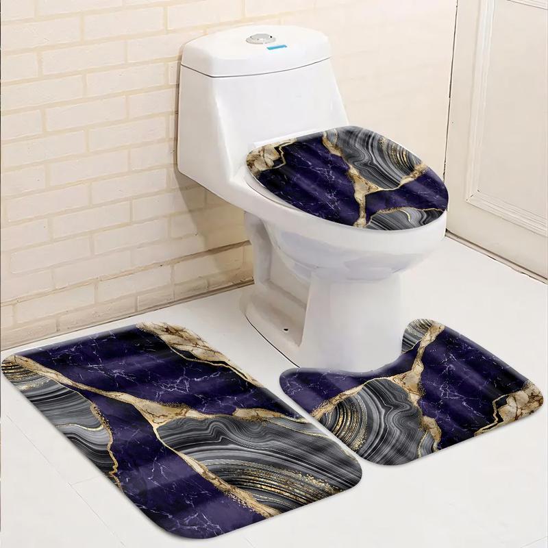 Marble Pattern Bathroom Accessories, 1 Set Including Shower Curtain with 12 Hooks, U-shaped Mat, Toilet Lid Cover Pad and Rectangular Mat 2