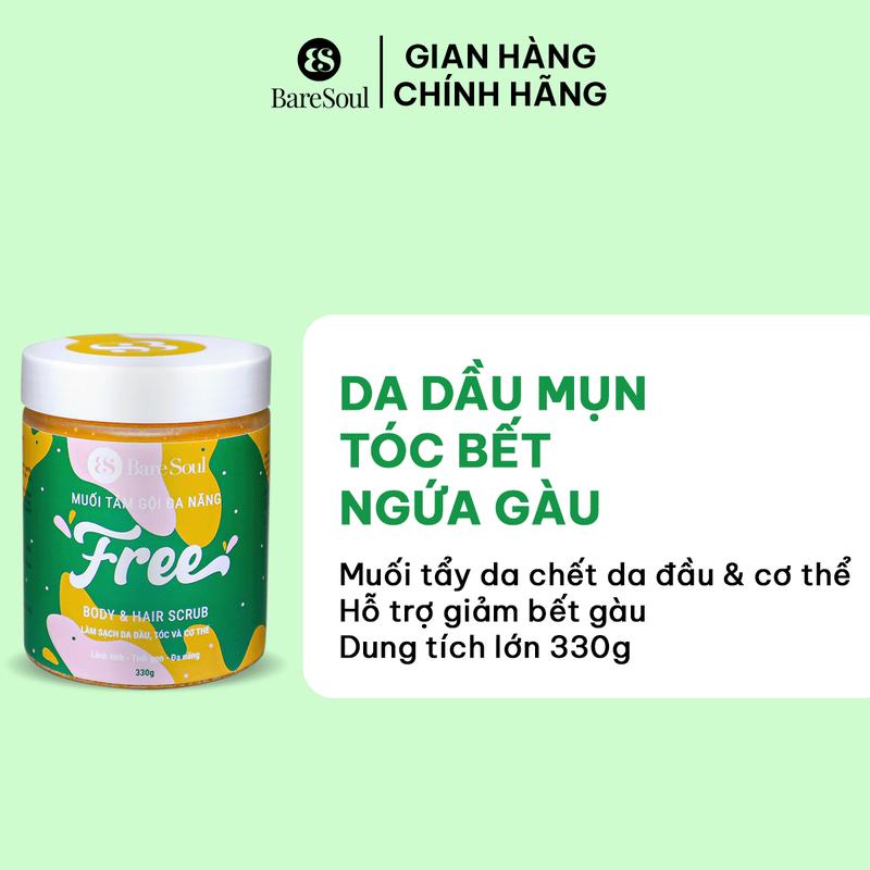 Muối tắm gội hỗ trợ tẩy tế bào chết da đầu, tóc và hỗ trợ cơ thể BareSoul FREE Body & Hair Scrub 330g