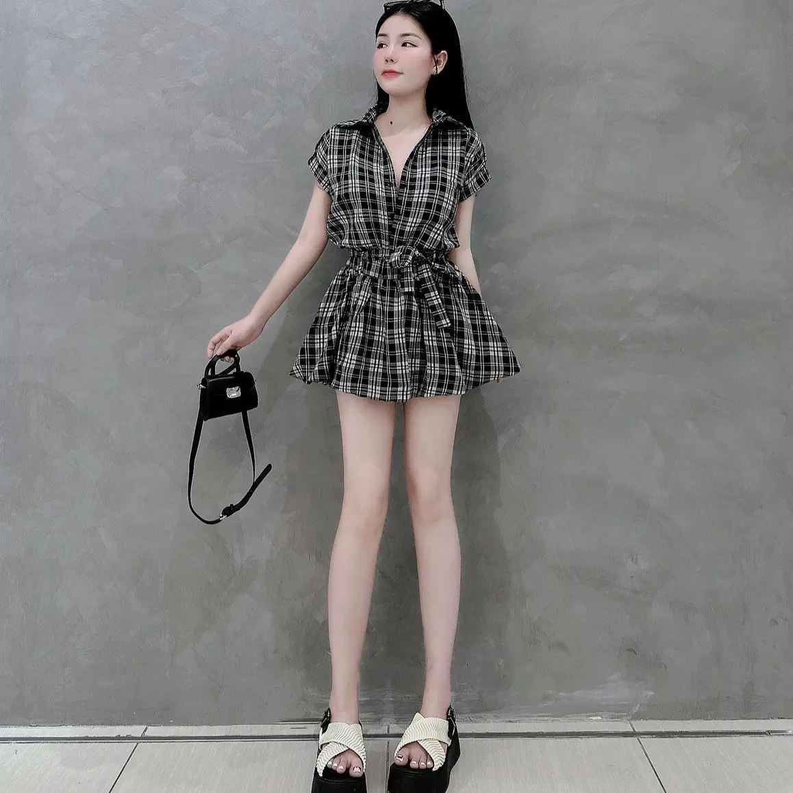Đầm Jum Sơ Mi Caro Cổ Bẻ Tay Sắn Gấu Thắt Dây Eo Xòe Phồng Dáng Bí Hot Hè Nữ - Women Có Bigsize Dress