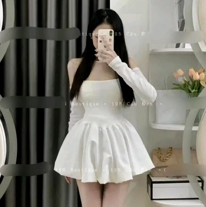 đầm trễ vai tay dài from xòe kèm quần siêu xinh hoa váy tiệc Kem Dress Voan Nữ 3