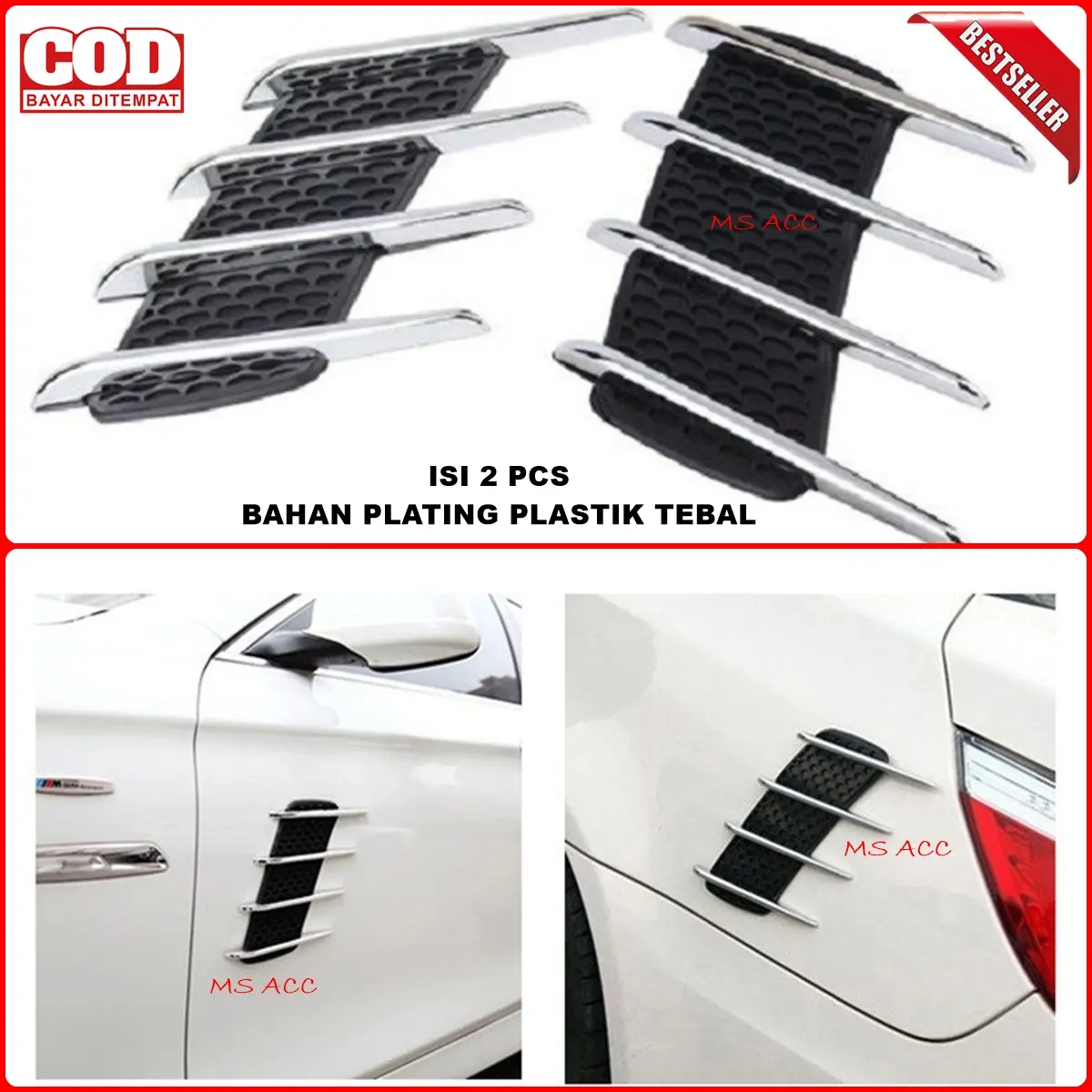 Side Vent Air Flow Mobil Universal Isi 2pcs Kanan Kiri Side Ventilator Airflow Stiker Sirip Mobil Samping Bahan Plating ABS Plastik Tebal Termasuk Perekat Aksesoris Variasi Modifikasi Racing Style Keren MS ACC