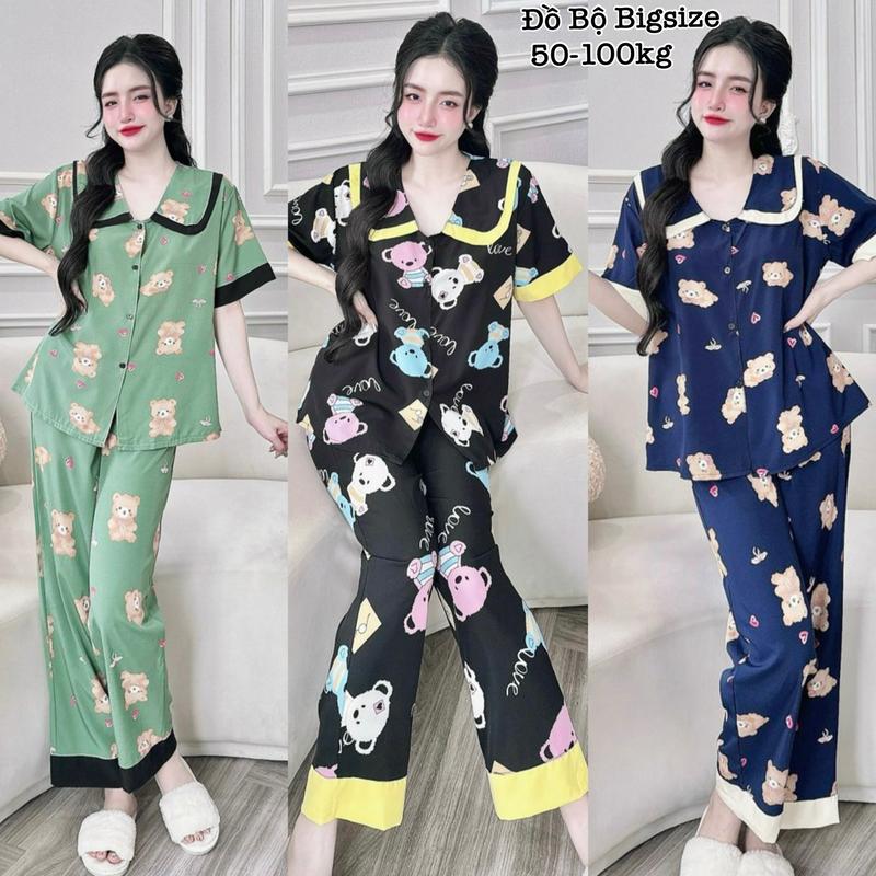Đồ Bộ Bigsize HCM - Bộ Đồ Quần Áo Ngủ Nữ Mặc Nhà Pijama Bigsize Dài Tay Ngắn Cổ 2 Lá Lụa Cao Cấp Xinh Xắn 50-100kg EnNhoCoBigsize Nhung Quần Ngủ Women Áo Voi
