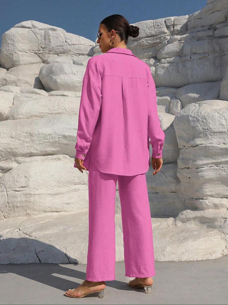 Product Introduction of WOMEN'S solid button front shirt & tie front wide leg pants two-piece set; casual drop shoulder long sleeve top & high waist settee 2 piece set for spring & Fall, WOMEN'S lounge clothes for daily wear 9