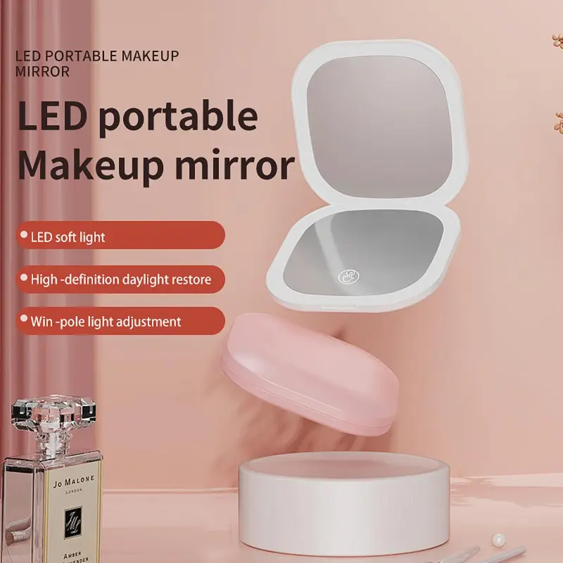 Double-sided LED Light Makeup Mirror, Portable Foldable Handheld Makeup Mirror with Touch Switch, 3-speed Brightness Adjustment Handheld LED Fill Mirror, White 7