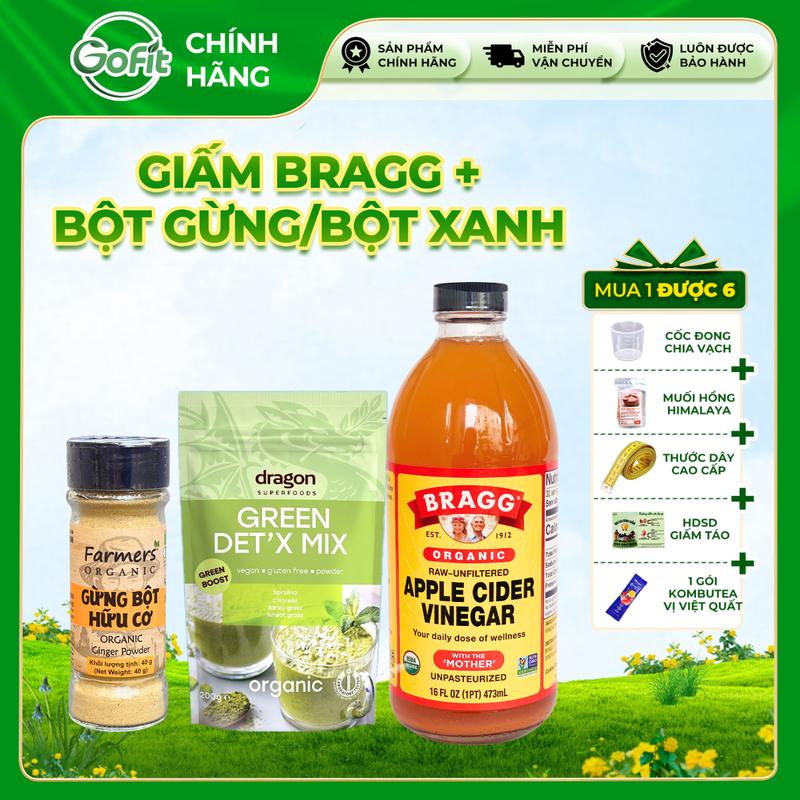[Combo] Giấm táo hữu cơ Bragg Organic Apple Cider Vinegar 473ml / 946ml với Bột Gừng Hữu Cơ Vipep, Bột Gừng Hữu Cơ Farmers 40g, Bột Cỏ Lúa Mì 150g, 10 Crysal Light, Chua