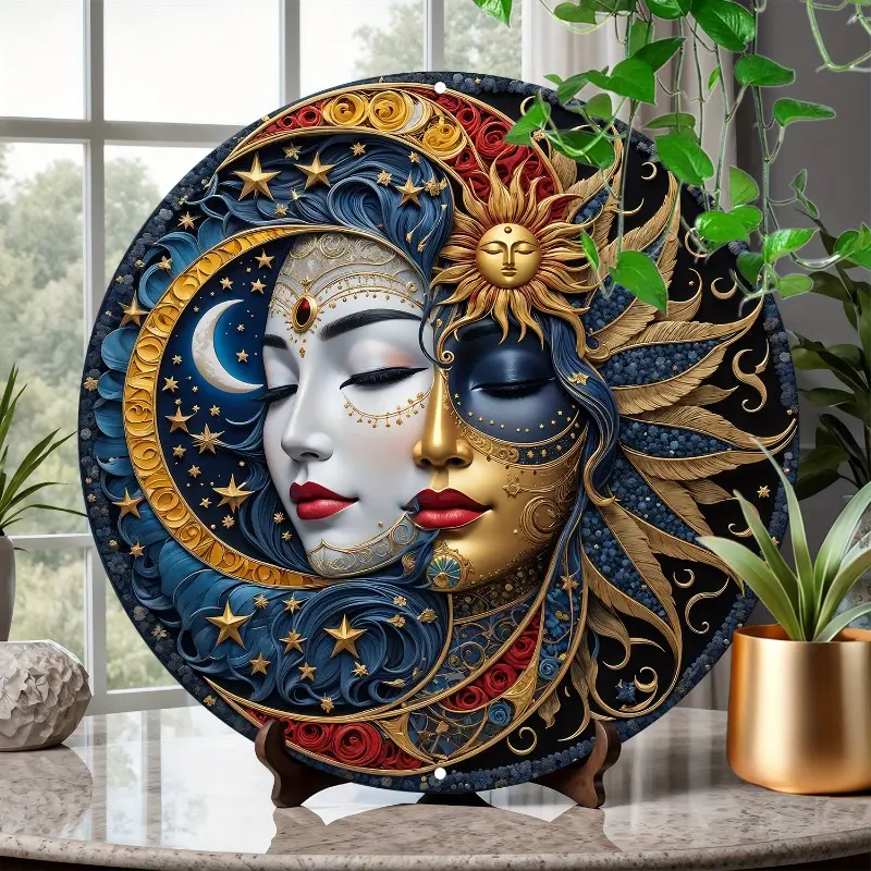 Sun and Moon Round Aluminum Metal Wall Art Sign - 1pc 20x20cm/30x30cm Decorative Plaque for Home & Garden - Unique Gift for Mom, Women, Farmhouse Decor Enthusiasts - Durable, Ideal for Indoor Decor & Art Lovers