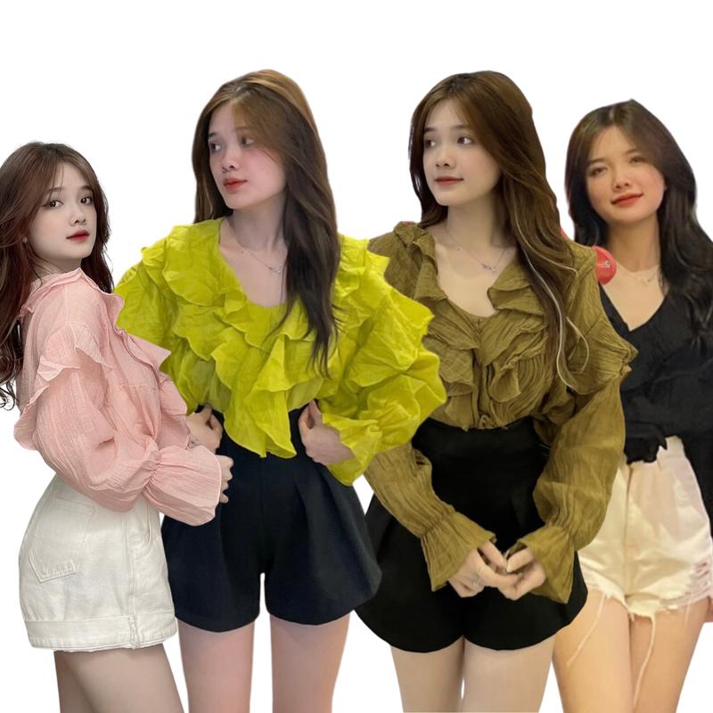 Áo babydoll tay dài , áo kiểu nữ cổ bèo , áo sơ mi bèo chất đũi mỏng PLA138